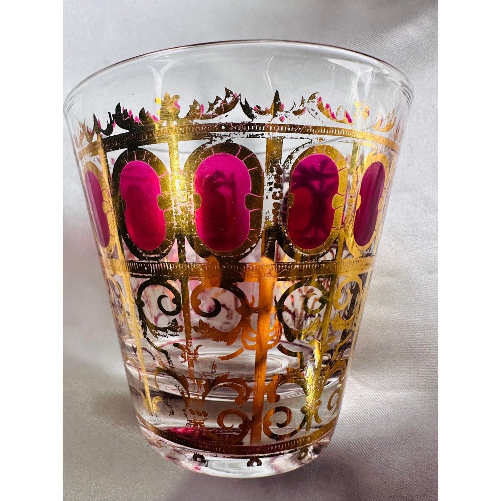 Culver Cranberry Scroll 22KT Gold Flared Rocks Whiskey Lowball Glasses 4 MCM - Picture 5 of 13